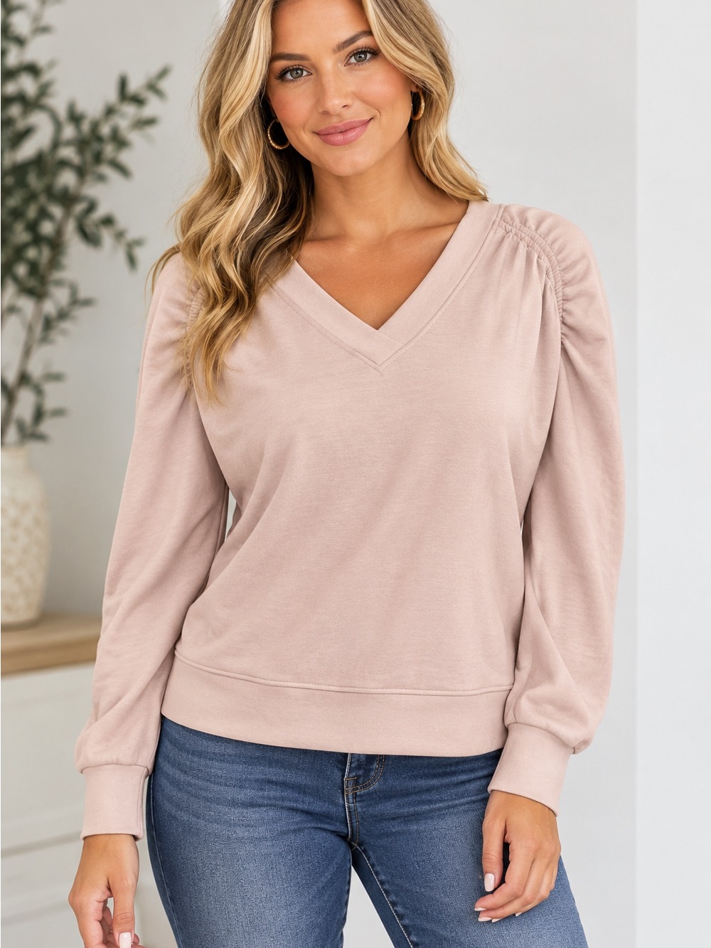 🆕🎉NWT Cable & Gauge Blush V-Neck Pullover with Ruched Shoulders